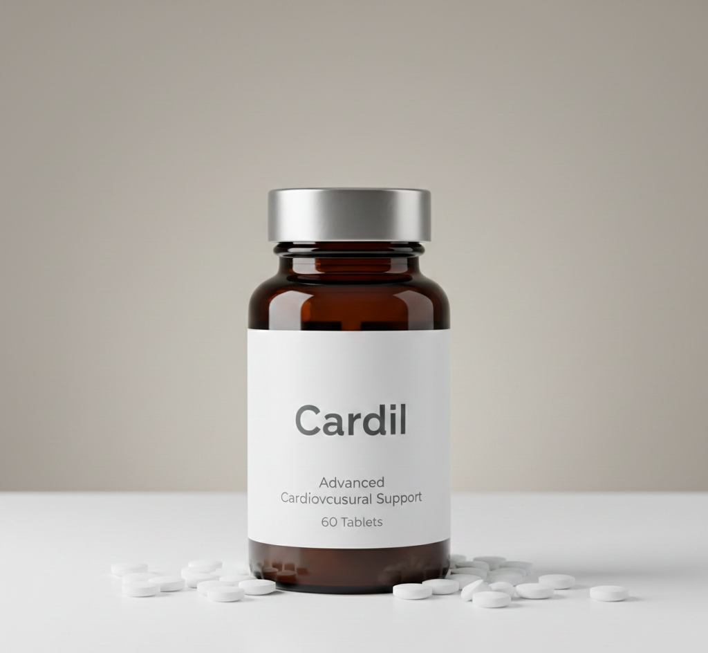 Упаковка Cardil - натурального продукту для підтримки серцево-судинної системи, 60 капсул в стильній білій коробці з зеленими акцентами
